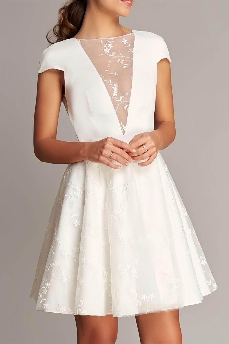 Knee-Length Wedding Dress with V-Neck Lace Appliques CW3376 - COCOMELODY